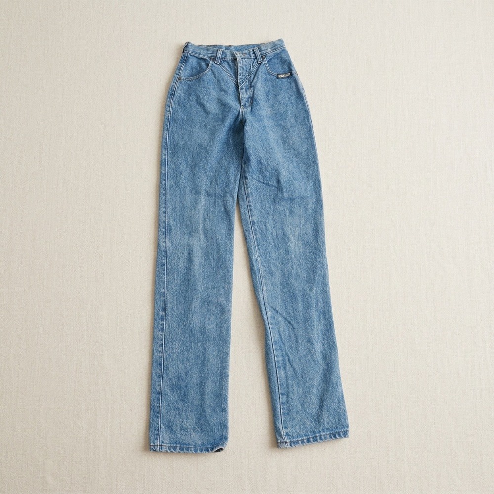 VTG Roughrider Circle T Western Jeans Womens 7 Lace Back V Yoke Denim USA 24x34